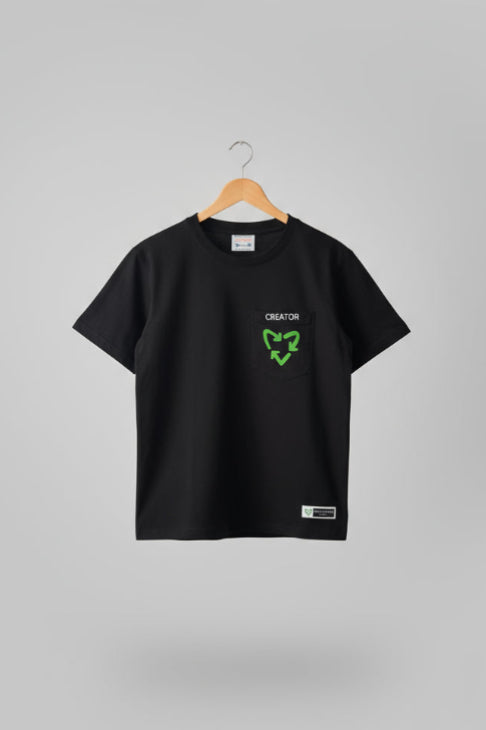 Black t-shirt with green logo on a wooden background with 'Sustainable Trash' text