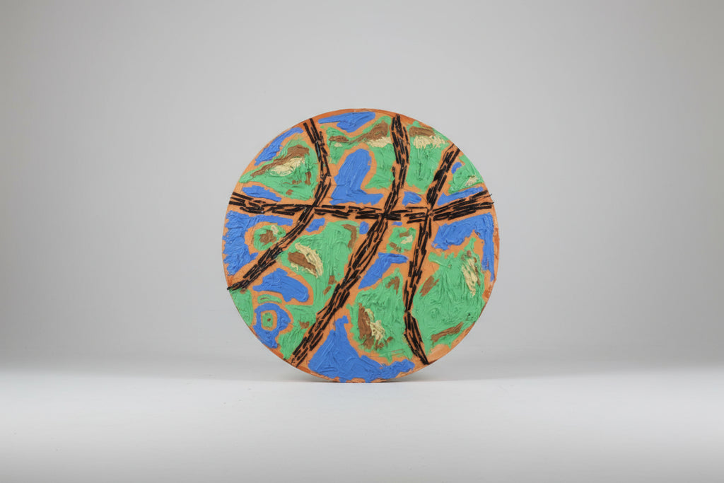 Colorful abstract Basketball sculpture painting on a circular wood board 
