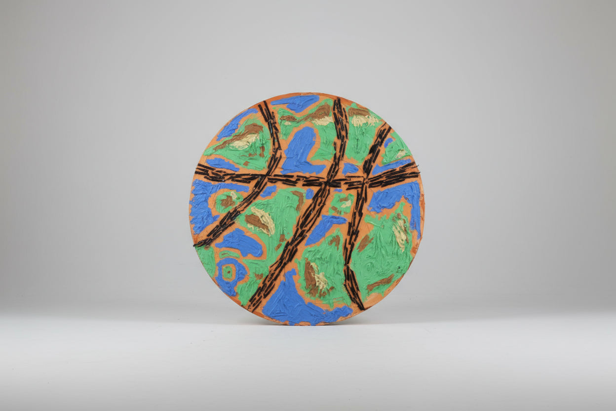Colorful abstract Basketball sculpture painting on a circular wood board 